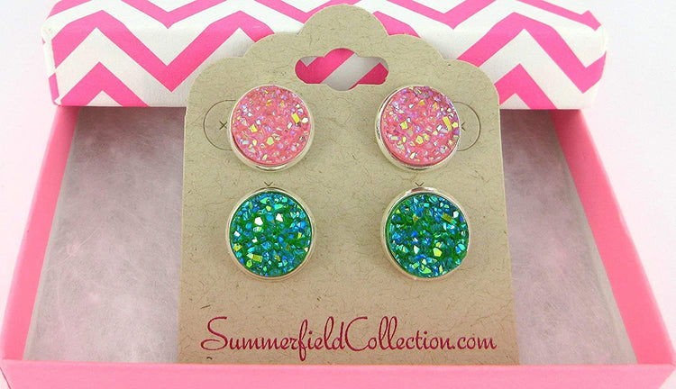Duo Stud Earrings Silver-tone Pink and Green AB Faux Druzy Stone 12mm Set
