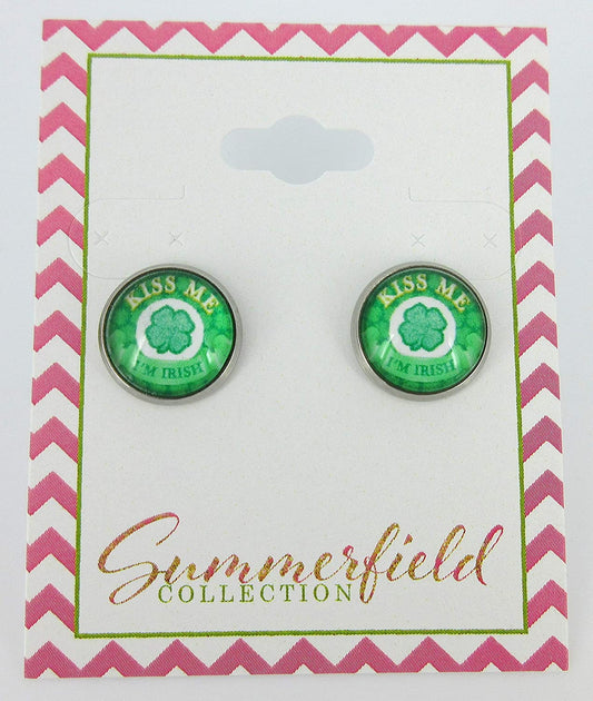 Stainless Steel Kiss Me I'm Irish Print Glass Stud Earrings 12mm
