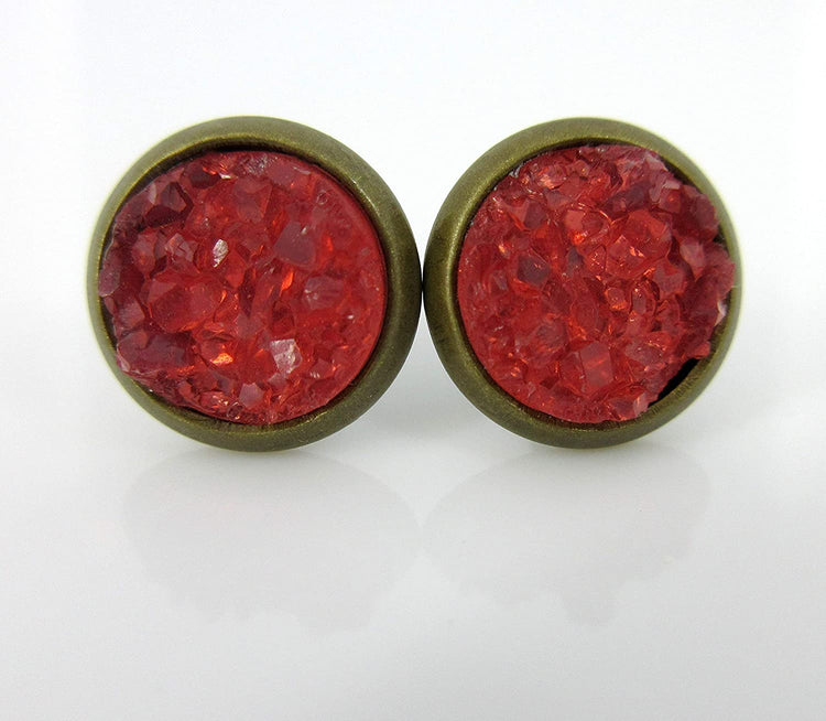 Duo Antiqued Gold-tone Red and Purple Faux Druzy Stone Stud Earrings 8mm Set