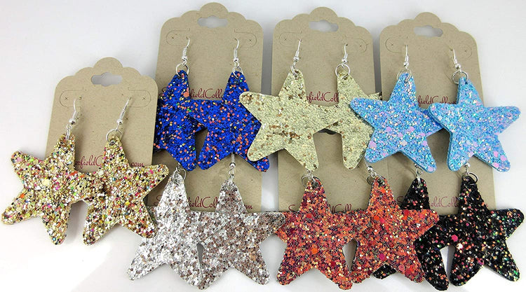 Gold Glitter Faux Leather Large Star Dangle Earrings