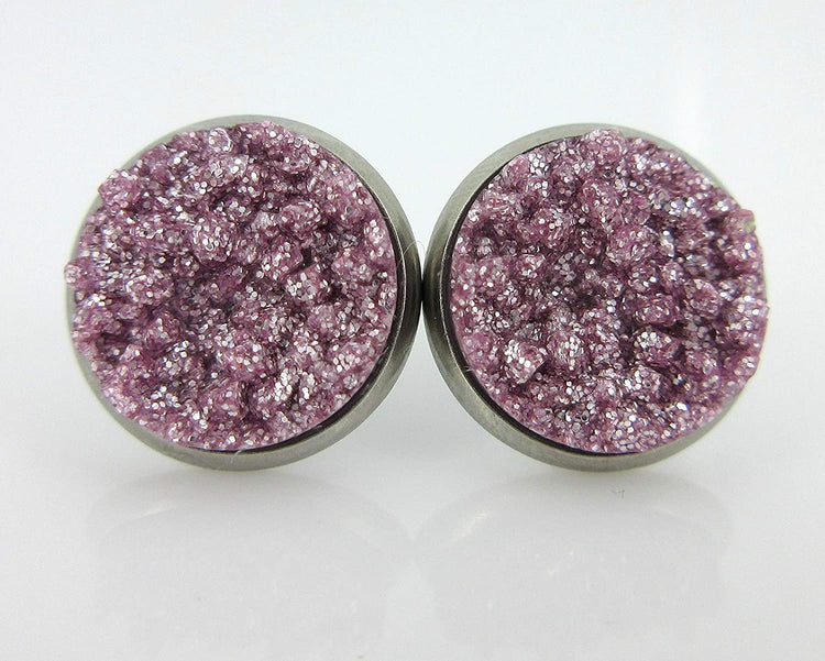 Duo Stud Earrings Stainless Steel Lilac Purple and Aqua Blue Glitter Faux Druzy Stone 12mm Set