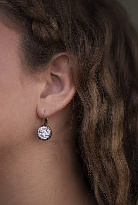 Antiqued Gold-tone Silver Faux Druzy Stone Lever-back Drop Earrings 12mm