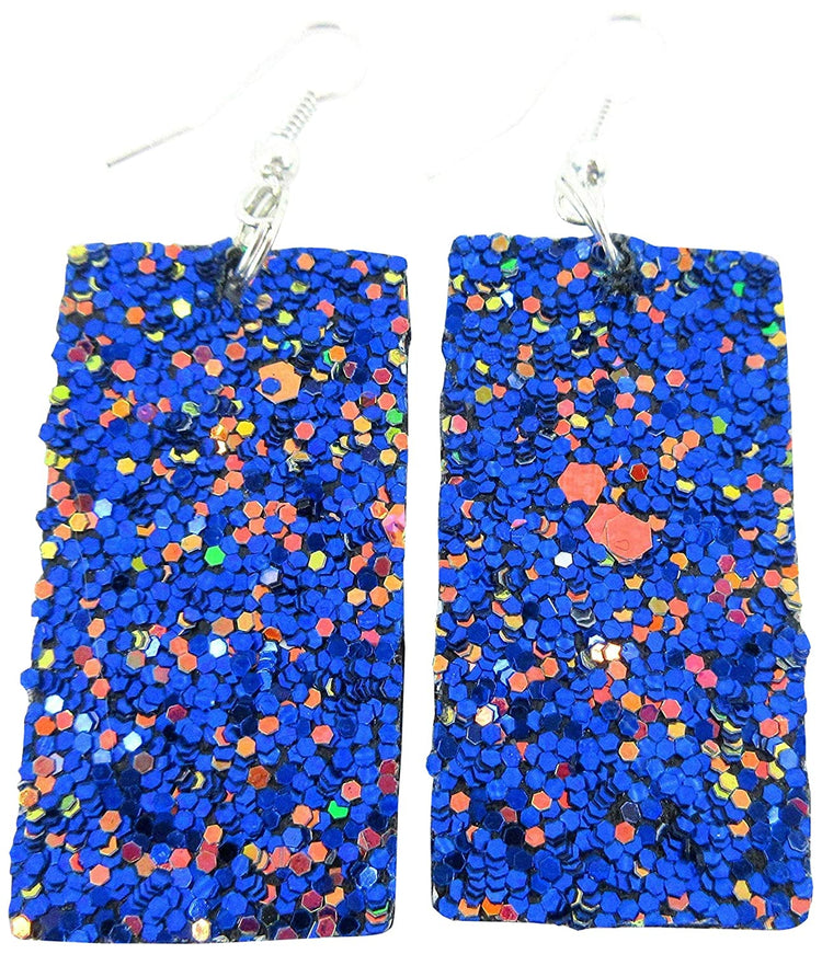 Blue with Pink and Black Glitter Faux Leather Large Rectangle Dangle Earrings