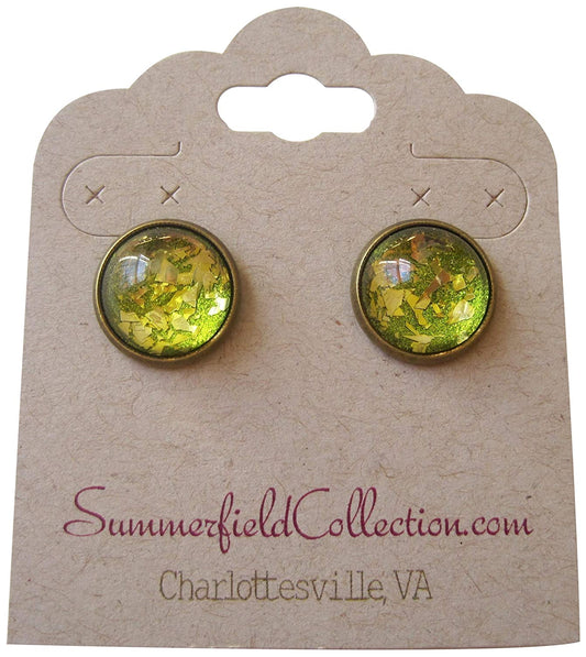 Antiqued Gold-tone Green Glitter Glass Stud Earrings Hand-painted 12mm