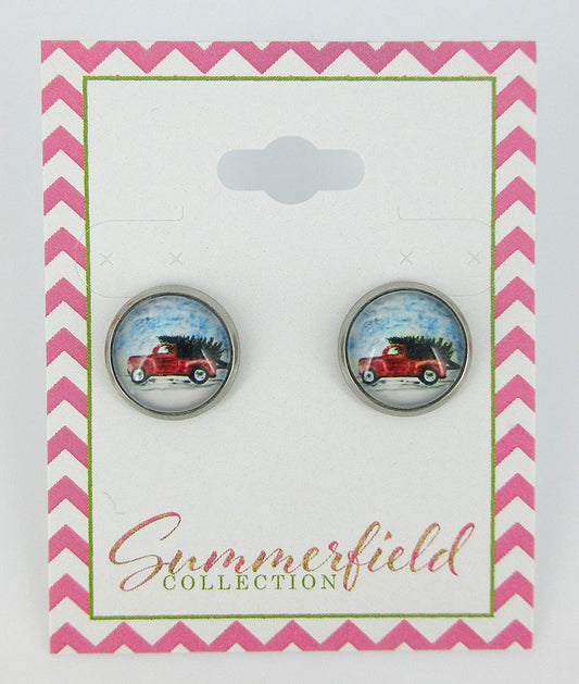 Stainless Steel Red Truck Christmas Tree Print Glass Stud Earrings 12mm
