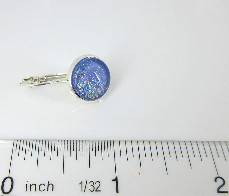 Silver-tone Periwinkle Purple Glitter Glass Lever-back Drop Galaxy Earrings Hand-painted