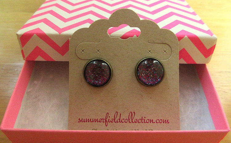 Antiqued Gold-tone Blue Purple Pink Glitter Glass Stud Earrings Hand-painted