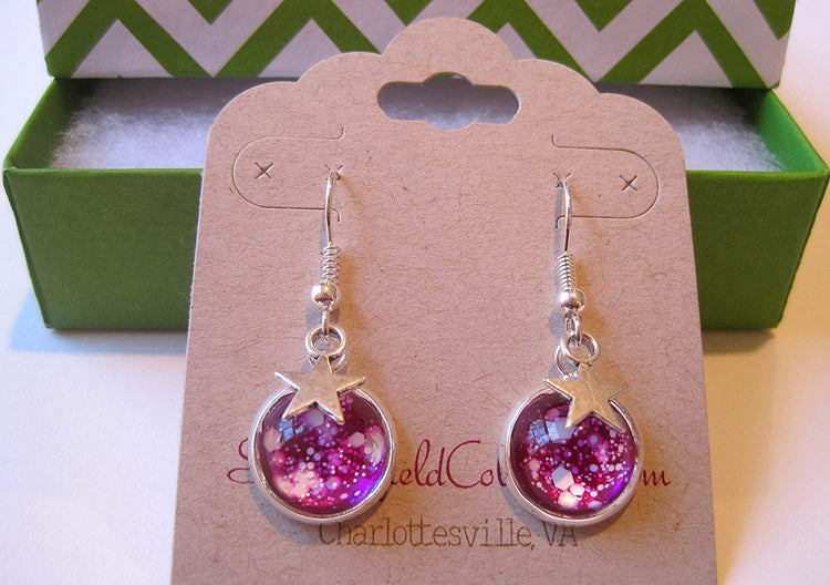 Silver-tone Magenta Pink and White Glitter Glass Star Galaxy Dangle Earrings