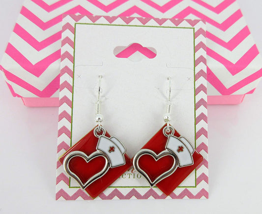 Silver-tone Red Enamel Nurse Hat Heart Charm Dangle Earrings