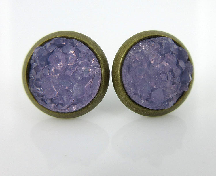 Duo Antiqued Gold-tone Red and Purple Faux Druzy Stone Stud Earrings 8mm Set