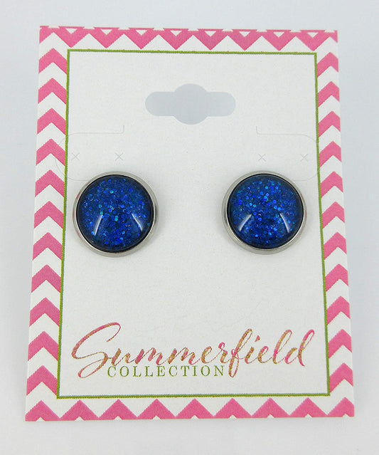 Stainless Steel Royal Blue Glitter Glass Stud Earrings Hand-painted 12mm