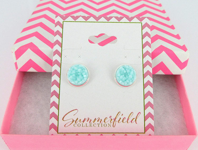 Silver-tone Faux Druzy Stone Stud Earrings 10mm (Lt Aqua Blue)