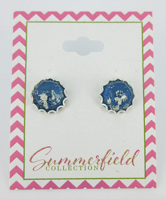 Silver Foil Blue Faceted Resin Stud Earrings 12mm