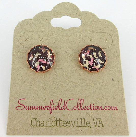Rose Gold-tone Chevron Flake Glitter Glass Stud Earrings 12mm Hand-painted