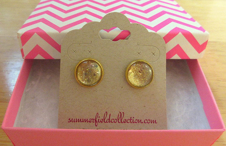 Gold-tone Glitter Glass Stud Earrings Hand-painted 12mm
