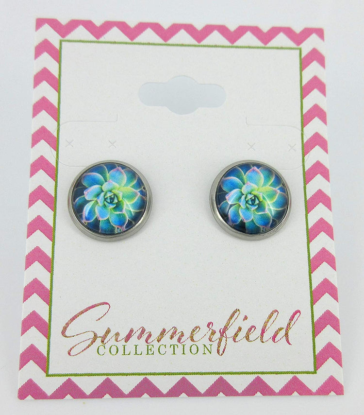 Stainless Steel Blue and Green Succulent Plant Print Glass Stud Earrings 12mm