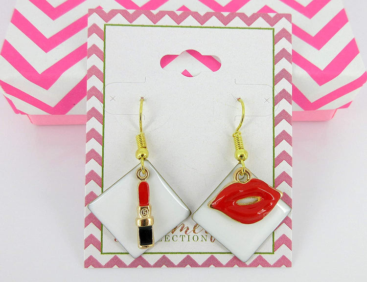 Gold-tone Enamel Lipstick and Lip Charm Dangle Earrings
