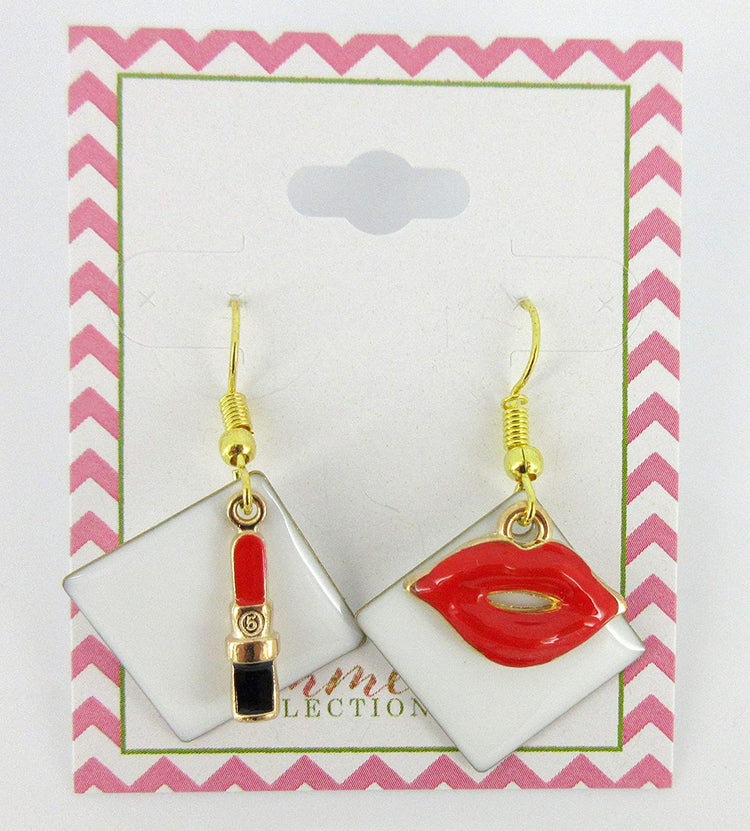 Gold-tone Enamel Lipstick and Lip Charm Dangle Earrings