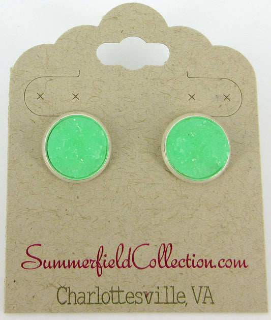 Silver-tone Mint Green Faux Druzy Stone Stud Earrings 12mm