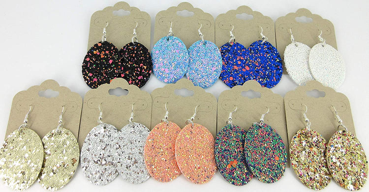 Blue with Pink and Black Glitter Faux Leather Oval Dangle Earrings