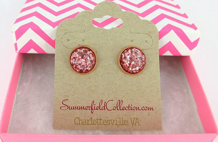 Rose Gold-tone Metallic Glitter Resin Stud Earrings 12mm