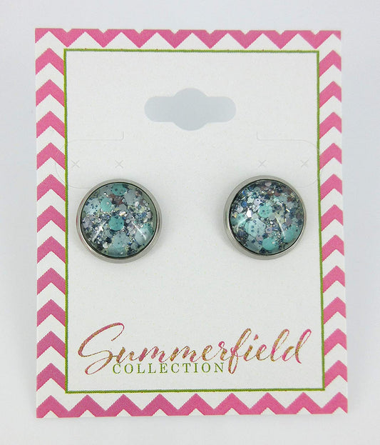 Stainless Steel Mint Green and Silver Glitter Glass Stud Earrings Hand-painted 12mm