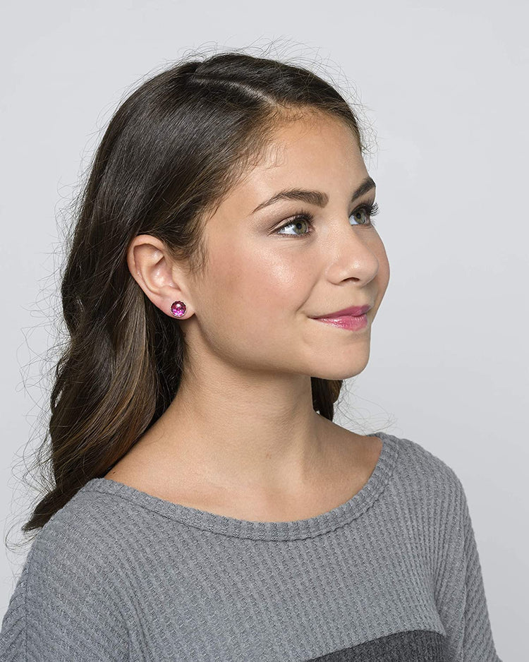 Silver-tone Hot Pink Glitter Glass Stud Earrings Hand-painted 10mm