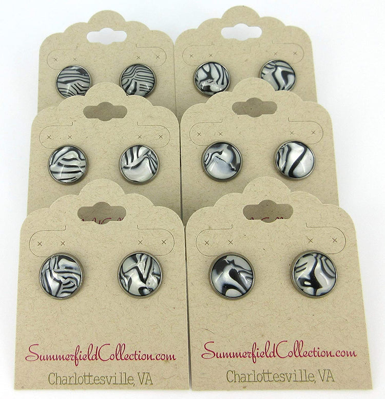 Hematite-tone Black and White Zebra Print Stud Earrings 12mm