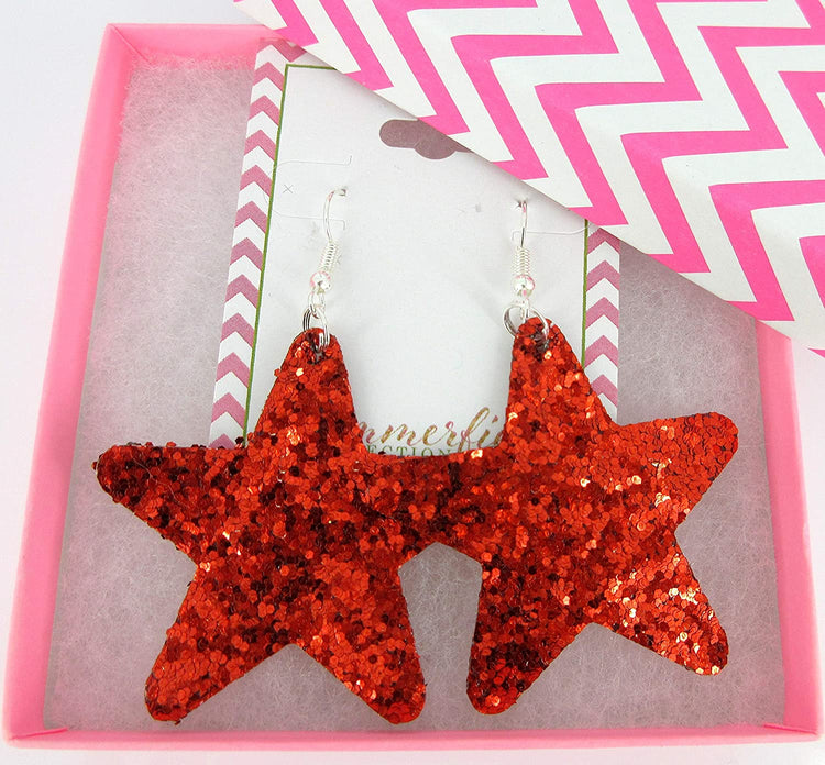 Red Glitter Faux Leather Large Star Dangle Earrings