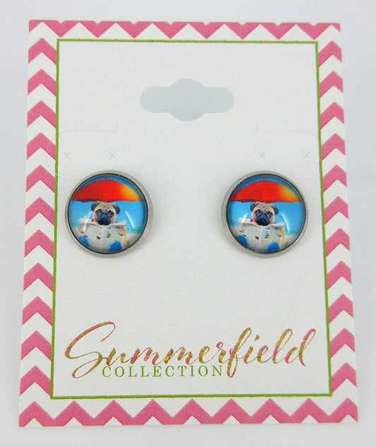 Stainless Steel Pug Dog on the Beach Print Glass Stud Earrings 12mm