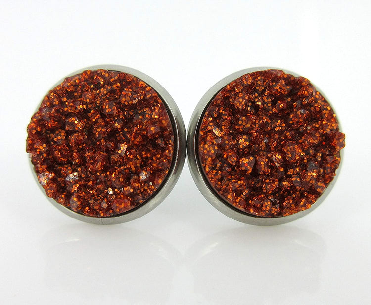 Duo Stainless Steel Glitter Faux Druzy Stone Stud Earrings Set