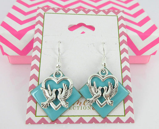 Silver-tone Robin Egg Blue Enamel Love Bird Charm Dangle Earrings