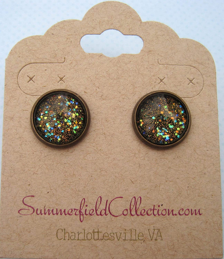 Antiqued Gold-tone Black Glitter Glass Galaxy Stud Earrings 12mm Hand-painted