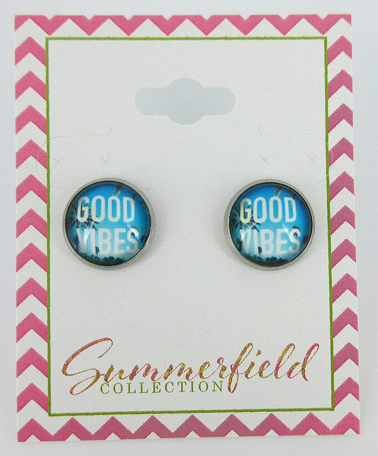 Stainless Steel Good Vibes Print Glass Stud Earrings 12mm
