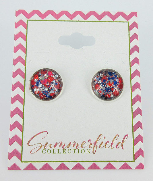 Silver-tone Patriotic Glitter Glass Stud Earrings Hand-painted 12mm