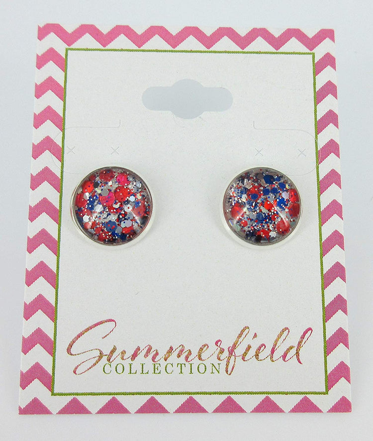 Silver-tone Patriotic Glitter Glass Stud Earrings Hand-painted 12mm