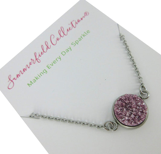 Stainless Steel Faux Druzy Stone Pendant Necklace