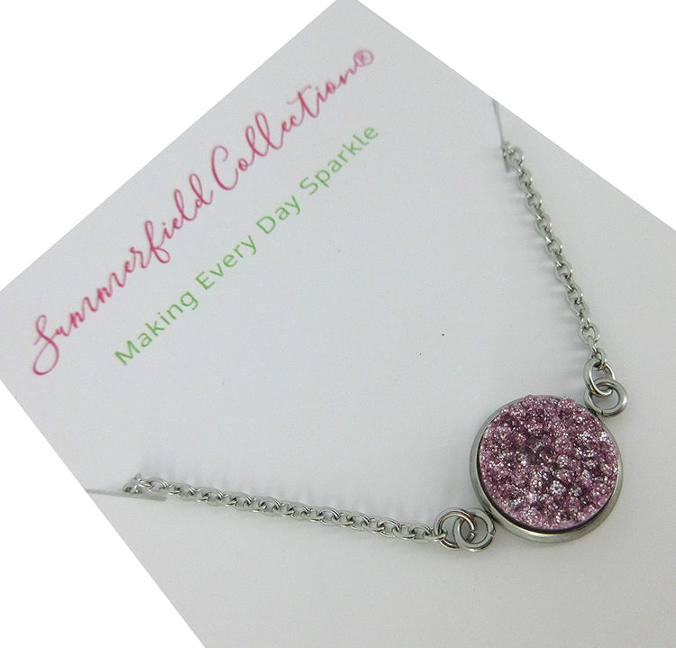 Stainless Steel Faux Druzy Stone Pendant Necklace