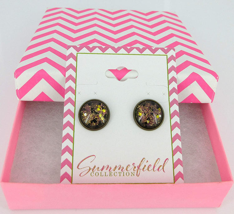 Antiqued Gold-tone Black and Silver Glitter Glass Stud Earrings Hand-painted 12mm