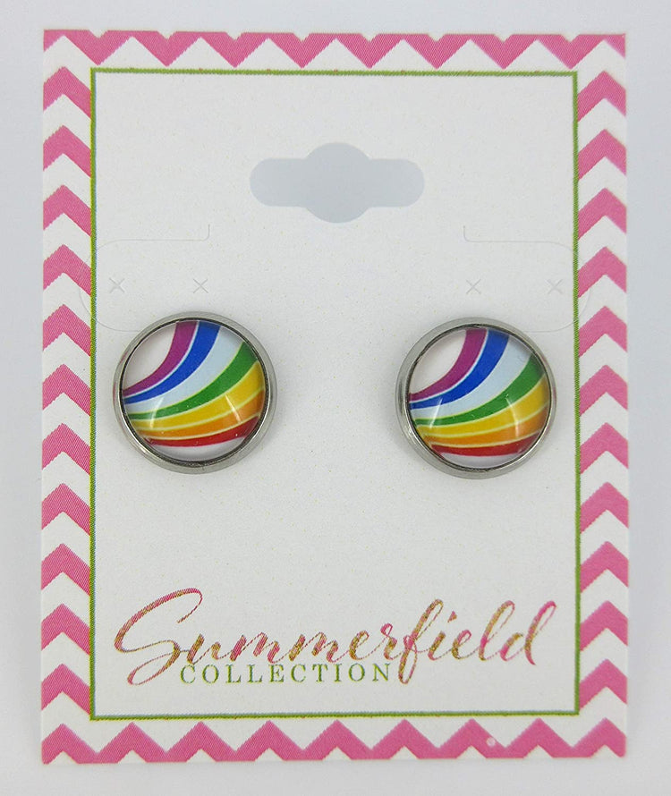 Stainless Steel Vintage Rainbow Stripe Print Glass Stud Earrings 12mm