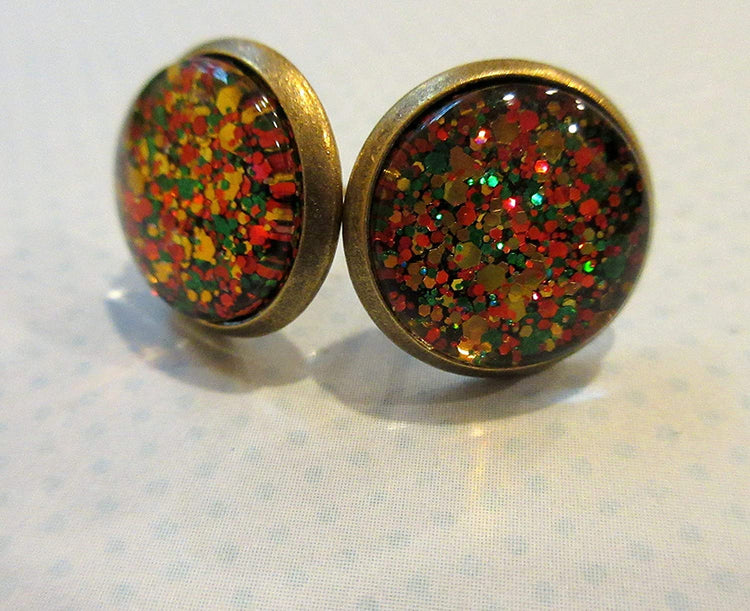 Antiqued Gold-tone Christmas Mix Glitter Glass Stud Earrings Hand-painted 12mm