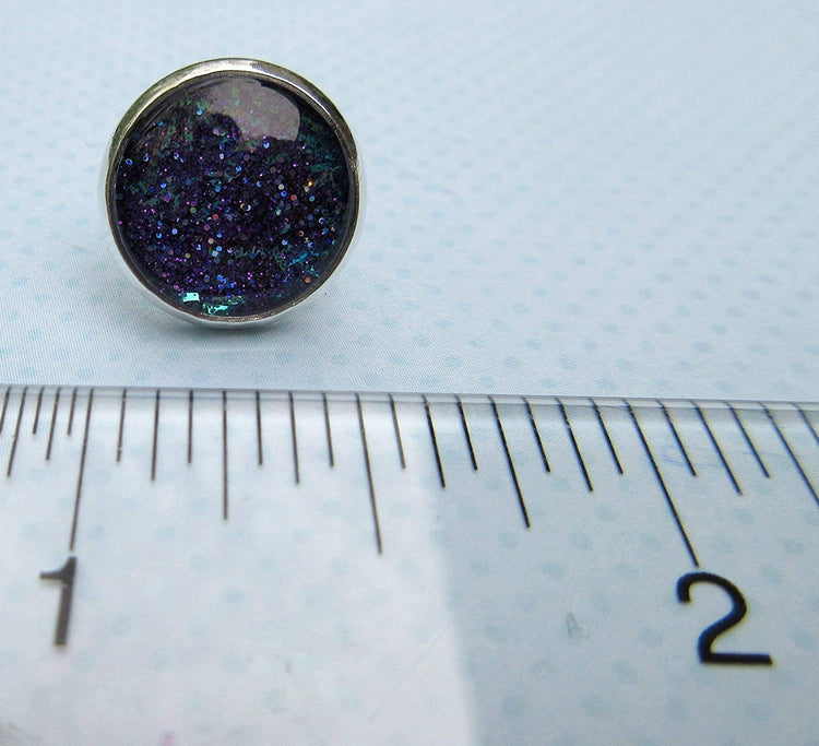 Silver-tone Purple and Blue Glitter Glass Stud Earrings Hand-painted 12mm
