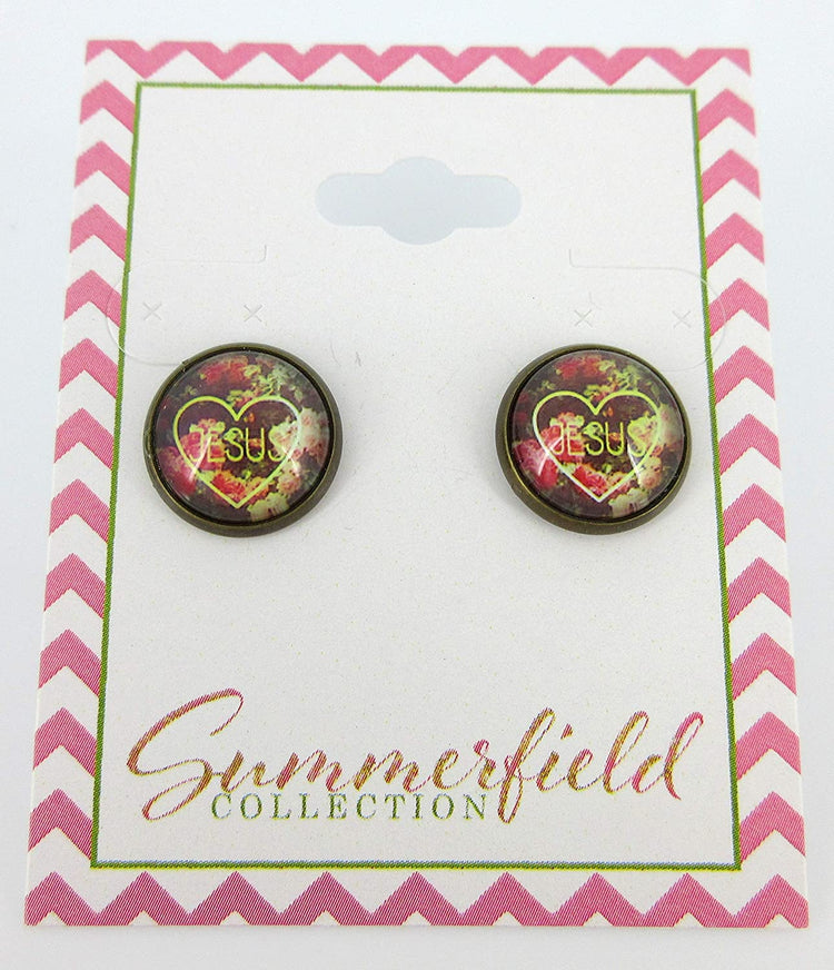 Antiqued Gold-tone Jesus Heart Flower Print Glass Stud Earrings 12mm