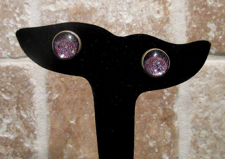 Antiqued Gold-tone Black Hole Glitter Glass Galaxy Stud Earrings Hand-painted 12mm