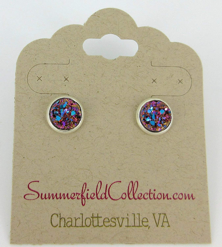 Silver-tone Pink and Teal Faux Druzy Stone Stud Earrings 8mm