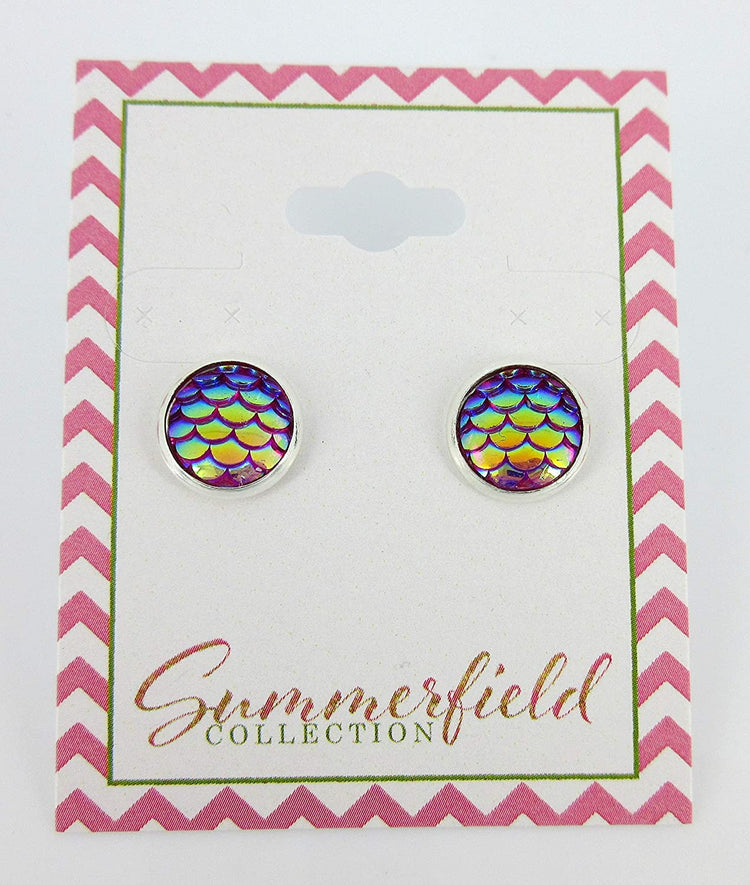 Silver-tone Pink Purple Metallic Mermaid Scale Stud Earrings 10mm