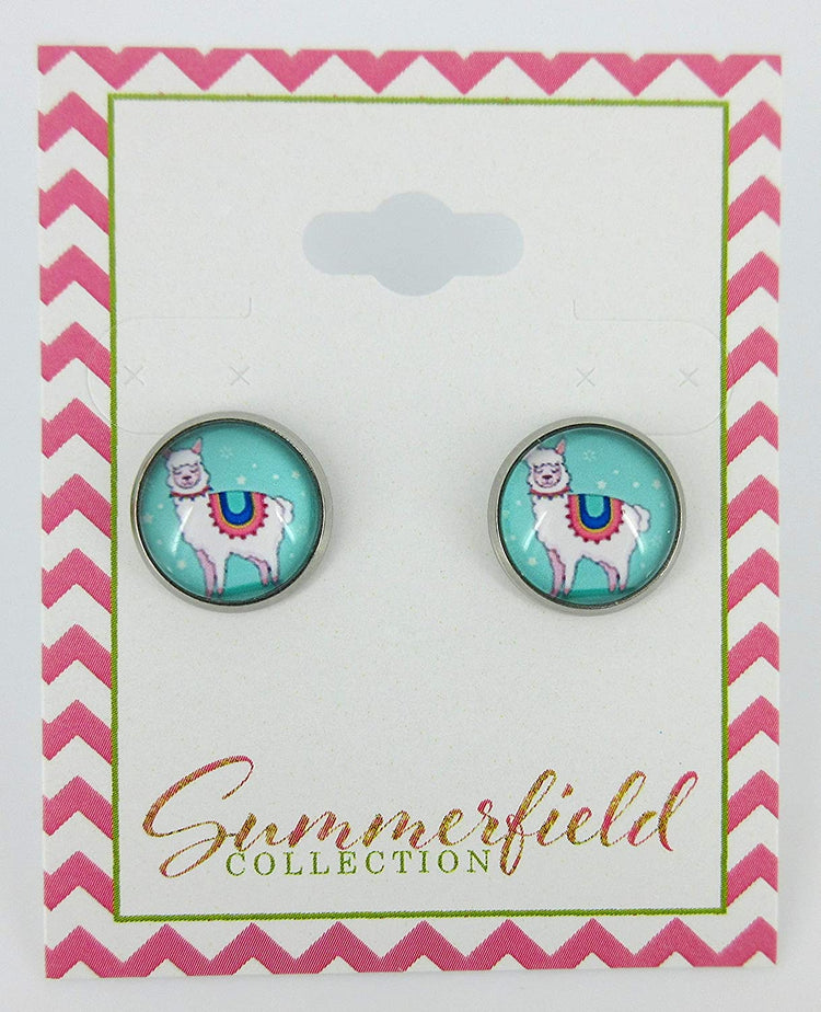 Stainless Steel Teal Llama Print Glass Stud Earrings 12mm