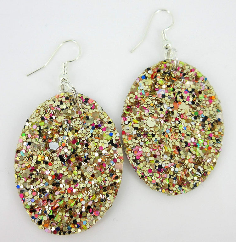 Gold and Rainbow Glitter Faux Leather Oval Dangle Earrings