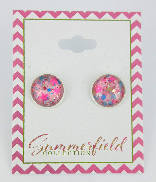 Silver-tone Bubblegum Pink Confetti Glitter Glass Stud Earrings Hand-painted 12mm