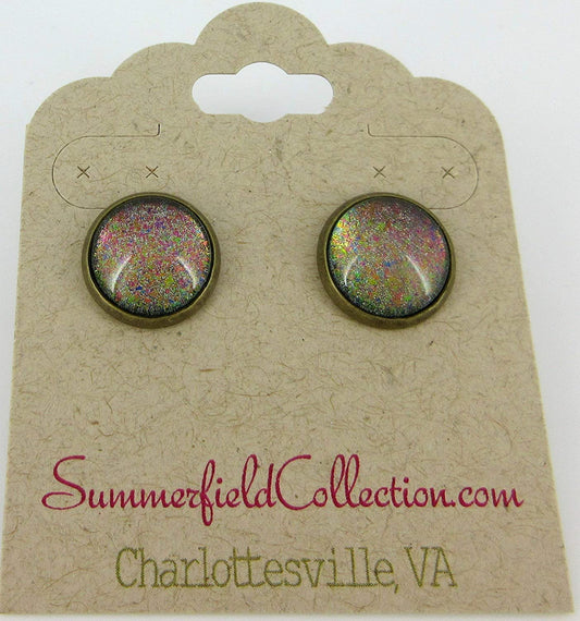 Antiqued Gold-tone Rainbow Color-shifting Glitter Flake Glass Stud Earrings